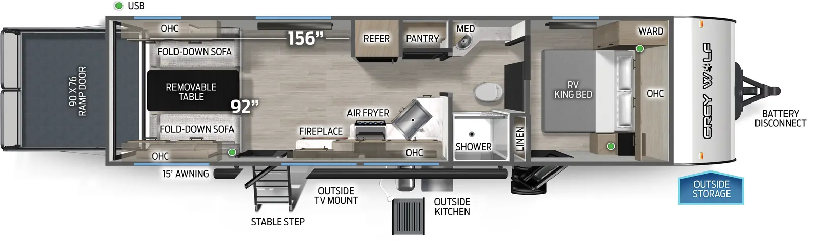 The Grey Wolf 24RRT floorplan is a toy hauler that has two entries and zero slide outs. Exterior features include: metal exterior, 15' awning and outside kitchen. Interiors features include: front bedroom and pass through bathroom.